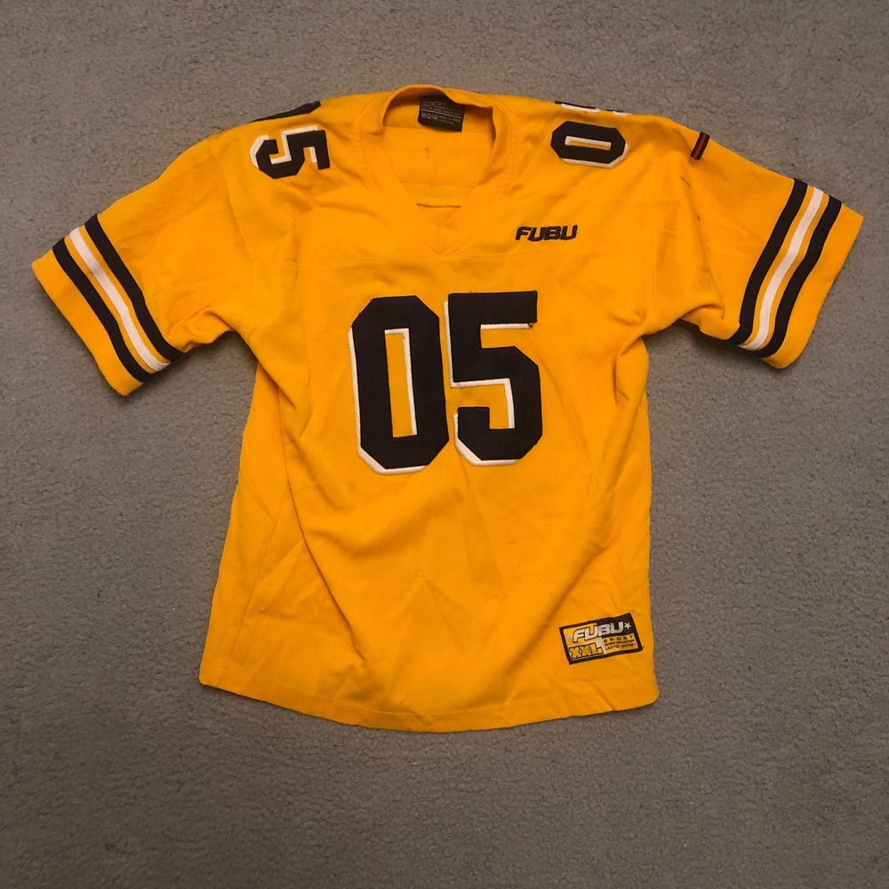 Vtg FUBU Sport 05 Football Jersey Yellow Hip Hop Streetwear Y2K Distressed